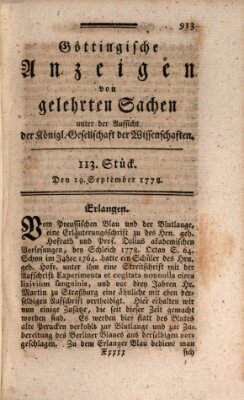 Göttingische Anzeigen von gelehrten Sachen (Göttingische Zeitungen von gelehrten Sachen) Samstag 19. September 1778