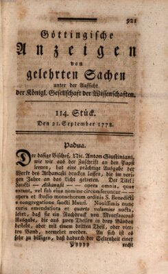 Göttingische Anzeigen von gelehrten Sachen (Göttingische Zeitungen von gelehrten Sachen) Montag 21. September 1778