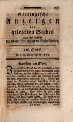 Göttingische Anzeigen von gelehrten Sachen (Göttingische Zeitungen von gelehrten Sachen) Samstag 26. September 1778