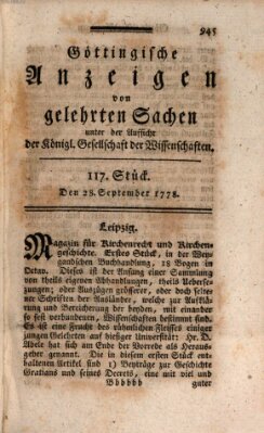 Göttingische Anzeigen von gelehrten Sachen (Göttingische Zeitungen von gelehrten Sachen) Montag 28. September 1778