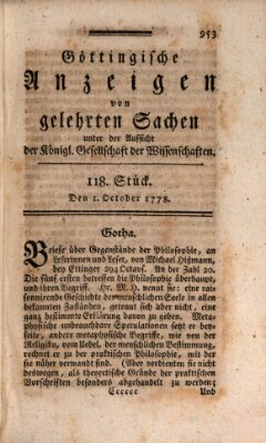 Göttingische Anzeigen von gelehrten Sachen (Göttingische Zeitungen von gelehrten Sachen) Donnerstag 1. Oktober 1778