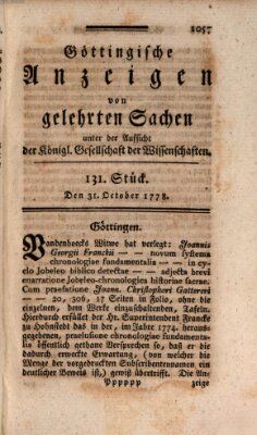 Göttingische Anzeigen von gelehrten Sachen (Göttingische Zeitungen von gelehrten Sachen) Samstag 31. Oktober 1778