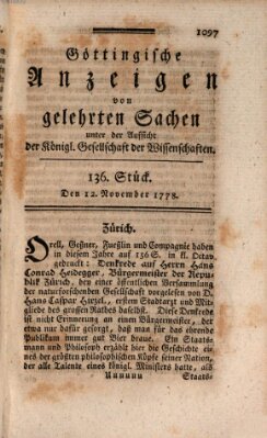 Göttingische Anzeigen von gelehrten Sachen (Göttingische Zeitungen von gelehrten Sachen) Donnerstag 12. November 1778