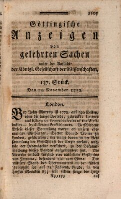 Göttingische Anzeigen von gelehrten Sachen (Göttingische Zeitungen von gelehrten Sachen) Samstag 14. November 1778