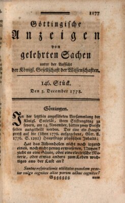 Göttingische Anzeigen von gelehrten Sachen (Göttingische Zeitungen von gelehrten Sachen) Samstag 5. Dezember 1778