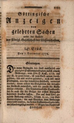 Göttingische Anzeigen von gelehrten Sachen (Göttingische Zeitungen von gelehrten Sachen) Montag 7. Dezember 1778