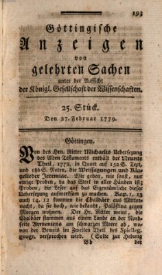 Göttingische Anzeigen von gelehrten Sachen (Göttingische Zeitungen von gelehrten Sachen) Samstag 27. Februar 1779