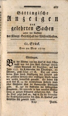 Göttingische Anzeigen von gelehrten Sachen (Göttingische Zeitungen von gelehrten Sachen) Donnerstag 20. Mai 1779