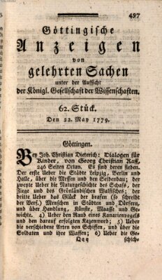 Göttingische Anzeigen von gelehrten Sachen (Göttingische Zeitungen von gelehrten Sachen) Samstag 22. Mai 1779