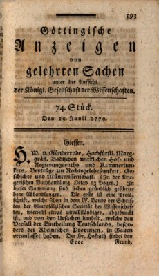 Göttingische Anzeigen von gelehrten Sachen (Göttingische Zeitungen von gelehrten Sachen) Samstag 19. Juni 1779