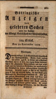 Göttingische Anzeigen von gelehrten Sachen (Göttingische Zeitungen von gelehrten Sachen) Donnerstag 30. September 1779