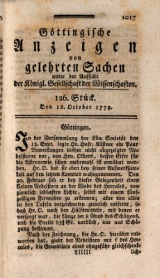 Göttingische Anzeigen von gelehrten Sachen (Göttingische Zeitungen von gelehrten Sachen) Samstag 16. Oktober 1779