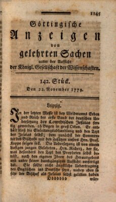 Göttingische Anzeigen von gelehrten Sachen (Göttingische Zeitungen von gelehrten Sachen) Montag 22. November 1779