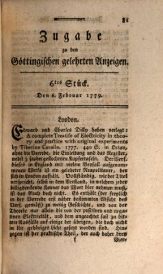 Göttingische Anzeigen von gelehrten Sachen. Zugabe (Göttingische Zeitungen von gelehrten Sachen) Samstag 6. Februar 1779