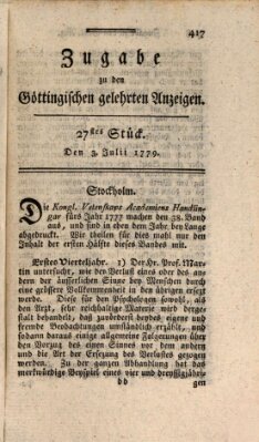 Göttingische Anzeigen von gelehrten Sachen. Zugabe (Göttingische Zeitungen von gelehrten Sachen) Samstag 3. Juli 1779