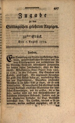 Göttingische Anzeigen von gelehrten Sachen. Zugabe (Göttingische Zeitungen von gelehrten Sachen) Samstag 7. August 1779