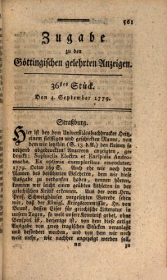 Göttingische Anzeigen von gelehrten Sachen. Zugabe (Göttingische Zeitungen von gelehrten Sachen) Samstag 4. September 1779