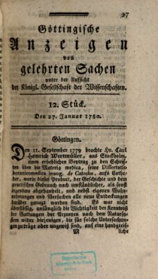 Göttingische Anzeigen von gelehrten Sachen (Göttingische Zeitungen von gelehrten Sachen) Donnerstag 27. Januar 1780