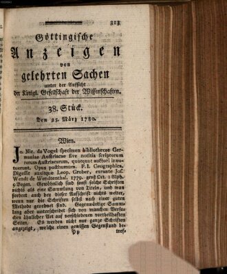 Göttingische Anzeigen von gelehrten Sachen (Göttingische Zeitungen von gelehrten Sachen) Samstag 25. März 1780