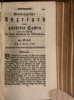 Göttingische Anzeigen von gelehrten Sachen (Göttingische Zeitungen von gelehrten Sachen) Montag 3. April 1780