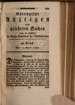 Göttingische Anzeigen von gelehrten Sachen (Göttingische Zeitungen von gelehrten Sachen) Donnerstag 13. April 1780