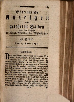 Göttingische Anzeigen von gelehrten Sachen (Göttingische Zeitungen von gelehrten Sachen) Samstag 15. April 1780