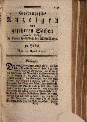 Göttingische Anzeigen von gelehrten Sachen (Göttingische Zeitungen von gelehrten Sachen) Samstag 22. April 1780