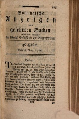 Göttingische Anzeigen von gelehrten Sachen (Göttingische Zeitungen von gelehrten Sachen) Samstag 6. Mai 1780