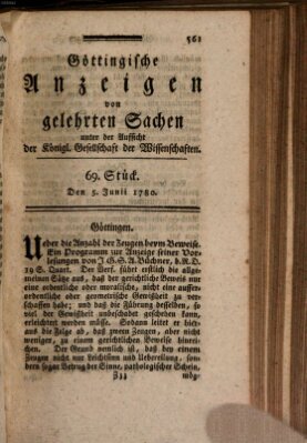 Göttingische Anzeigen von gelehrten Sachen (Göttingische Zeitungen von gelehrten Sachen) Montag 5. Juni 1780