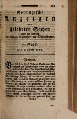 Göttingische Anzeigen von gelehrten Sachen (Göttingische Zeitungen von gelehrten Sachen) Donnerstag 8. Juni 1780