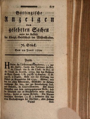 Göttingische Anzeigen von gelehrten Sachen (Göttingische Zeitungen von gelehrten Sachen) Donnerstag 22. Juni 1780