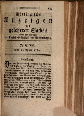 Göttingische Anzeigen von gelehrten Sachen (Göttingische Zeitungen von gelehrten Sachen) Montag 26. Juni 1780