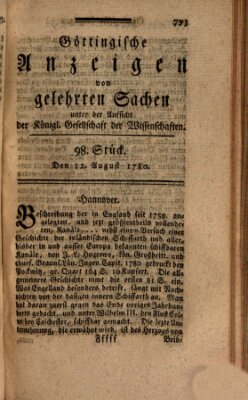 Göttingische Anzeigen von gelehrten Sachen (Göttingische Zeitungen von gelehrten Sachen) Samstag 12. August 1780