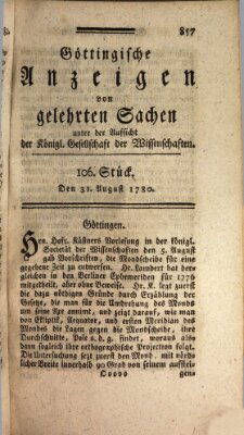 Göttingische Anzeigen von gelehrten Sachen (Göttingische Zeitungen von gelehrten Sachen) Donnerstag 31. August 1780