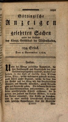 Göttingische Anzeigen von gelehrten Sachen (Göttingische Zeitungen von gelehrten Sachen) Donnerstag 2. November 1780