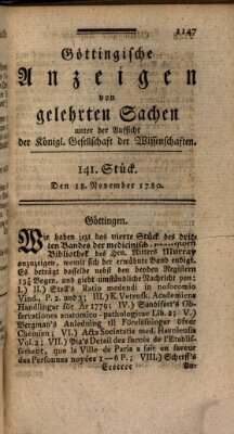 Göttingische Anzeigen von gelehrten Sachen (Göttingische Zeitungen von gelehrten Sachen) Samstag 18. November 1780