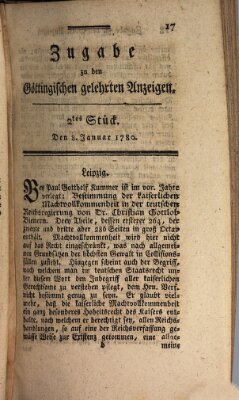 Göttingische Anzeigen von gelehrten Sachen. Zugabe (Göttingische Zeitungen von gelehrten Sachen) Samstag 8. Januar 1780