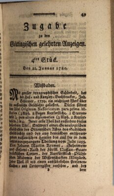 Göttingische Anzeigen von gelehrten Sachen. Zugabe (Göttingische Zeitungen von gelehrten Sachen) Samstag 22. Januar 1780