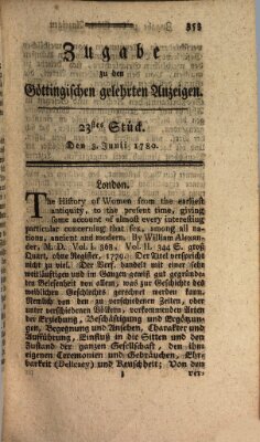 Göttingische Anzeigen von gelehrten Sachen. Zugabe (Göttingische Zeitungen von gelehrten Sachen) Samstag 3. Juni 1780