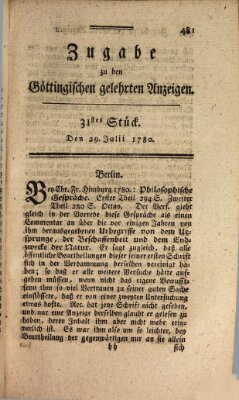 Göttingische Anzeigen von gelehrten Sachen. Zugabe (Göttingische Zeitungen von gelehrten Sachen) Samstag 29. Juli 1780