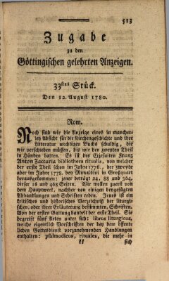 Göttingische Anzeigen von gelehrten Sachen. Zugabe (Göttingische Zeitungen von gelehrten Sachen) Samstag 12. August 1780