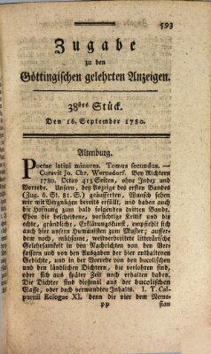 Göttingische Anzeigen von gelehrten Sachen. Zugabe (Göttingische Zeitungen von gelehrten Sachen) Samstag 16. September 1780