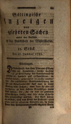 Göttingische Anzeigen von gelehrten Sachen (Göttingische Zeitungen von gelehrten Sachen) Samstag 27. Januar 1781