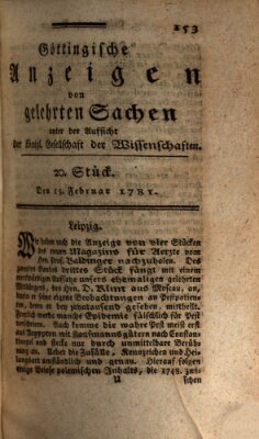 Göttingische Anzeigen von gelehrten Sachen (Göttingische Zeitungen von gelehrten Sachen) Donnerstag 15. Februar 1781