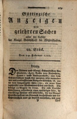 Göttingische Anzeigen von gelehrten Sachen (Göttingische Zeitungen von gelehrten Sachen) Montag 19. Februar 1781