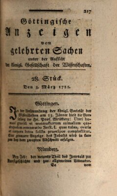 Göttingische Anzeigen von gelehrten Sachen (Göttingische Zeitungen von gelehrten Sachen) Montag 5. März 1781