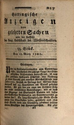 Göttingische Anzeigen von gelehrten Sachen (Göttingische Zeitungen von gelehrten Sachen) Samstag 17. März 1781