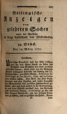 Göttingische Anzeigen von gelehrten Sachen (Göttingische Zeitungen von gelehrten Sachen) Montag 19. März 1781