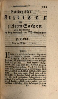 Göttingische Anzeigen von gelehrten Sachen (Göttingische Zeitungen von gelehrten Sachen) Samstag 31. März 1781