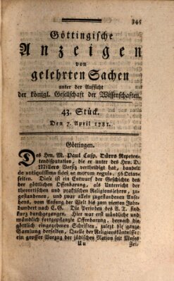 Göttingische Anzeigen von gelehrten Sachen (Göttingische Zeitungen von gelehrten Sachen) Samstag 7. April 1781